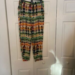 ZARA Orange Pink Green Tie Dye Scarf Print Satin Pants Size Small